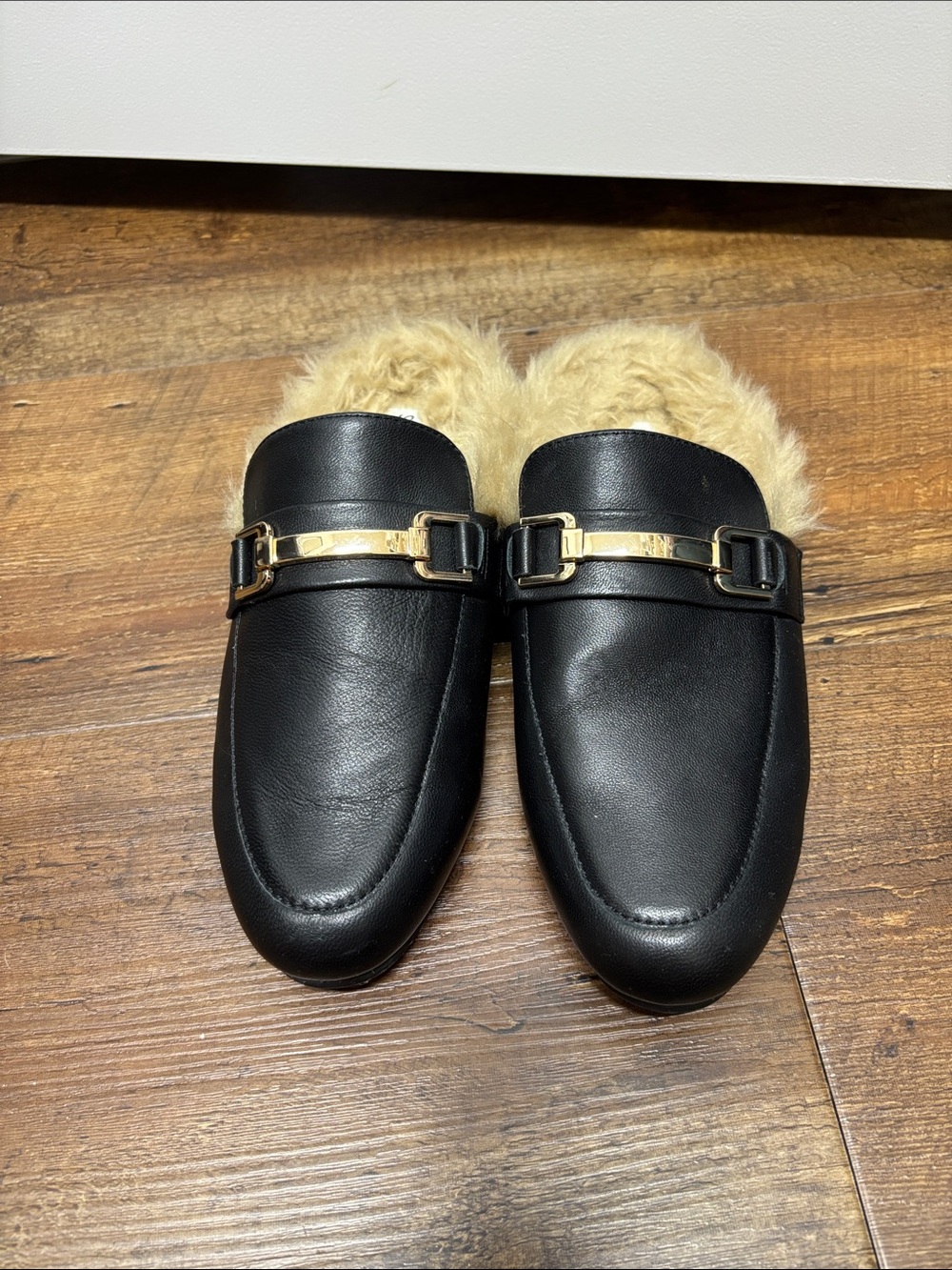 Steve Madden Black Faux Leather Fur-Lined Slip-On Loafers with Gold Accent